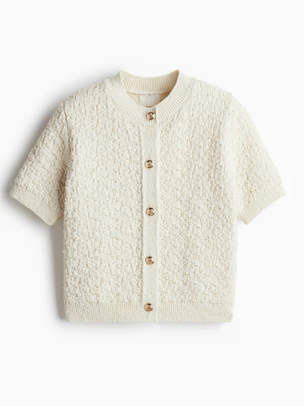 H&M Cream Textured Knit Short Sleeve Cardigan Gold Buttons Size S